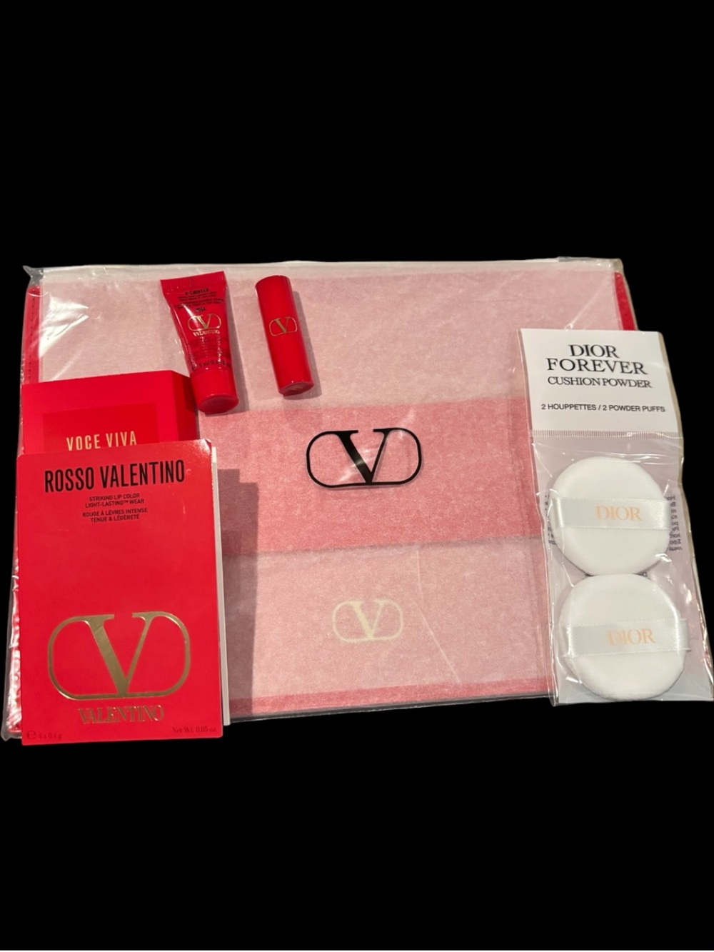 Valentino Gift Set with Dior pads - Valentino makeup pouch, lipstick, & more